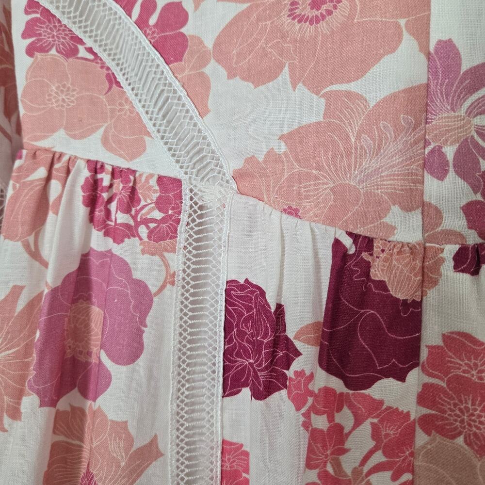 Ted Baker Denissa Linen Floral Midi Dress Pink Lace Cut Out Bishop Sleeve US 6 - Picture 7 of 15